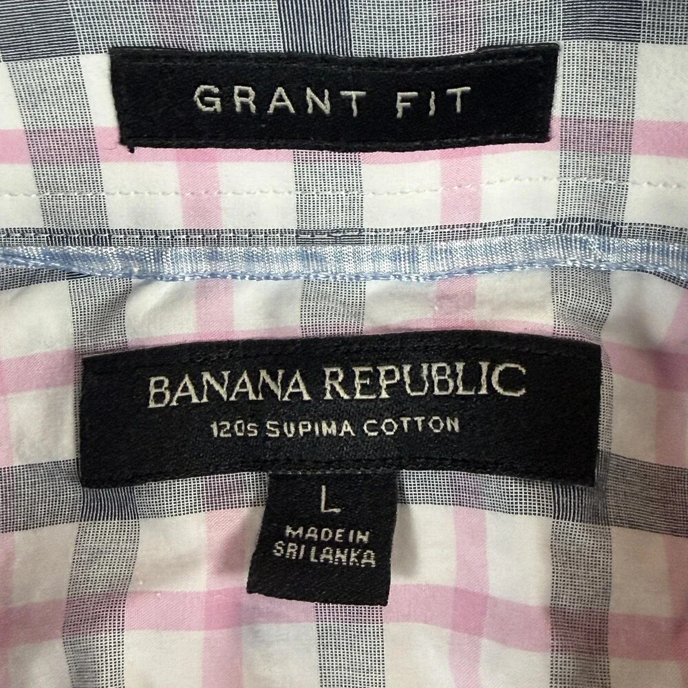 Banana Republic Dress Shirt Mens Large Pink Plaid Grant Fit Slim Long Sleeve